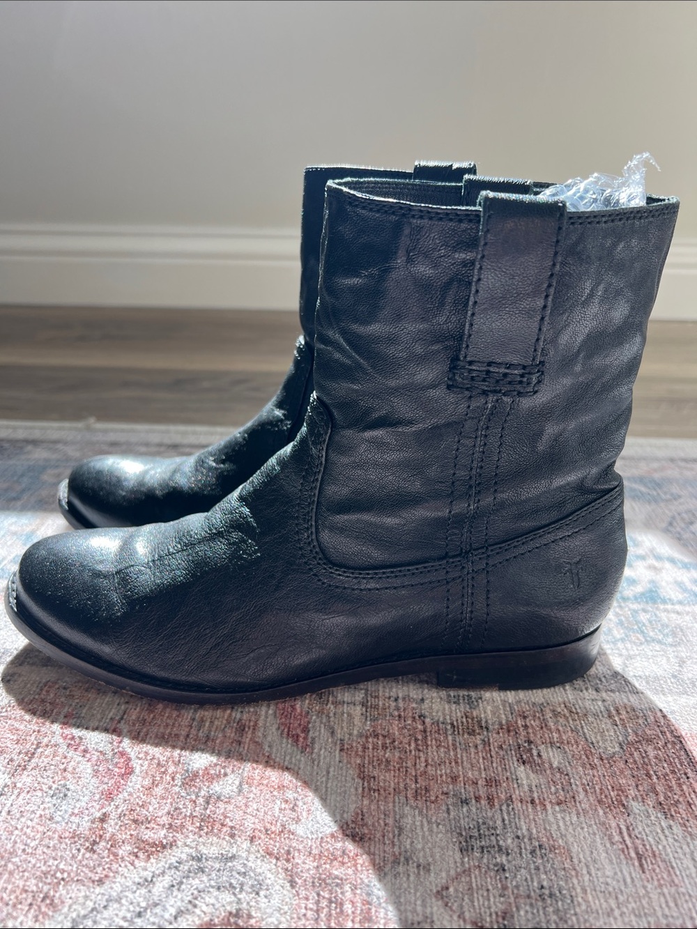 Frye Black Leather Short Pull-On Ankle Boots